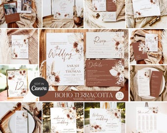 May include: A wedding stationery bundle featuring terracotta and white cards with dried floral illustrations. Includes invitation, RSVP, details, menu, table number, and welcome signs with text such as The Wedding of Sarah and Thomas.