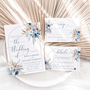 May include: Wedding invitation suite with a blue and white floral design. The invitation features the text "the wedding of Jessica Hooper and Richard Anderson".