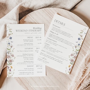 Wildflower Wedding Itinerary Template, Wedding Weekend Itinerary Template, Welcome Bag Template D002 image 1