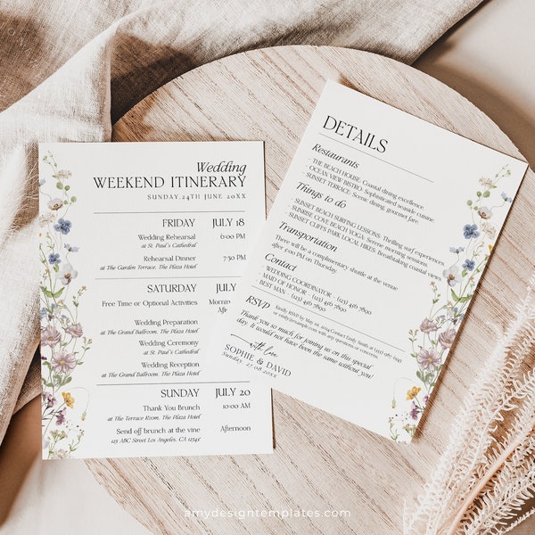 Wildflower Wedding Itinerary Template, Wedding Weekend Itinerary Template, Welcome Bag Template D002