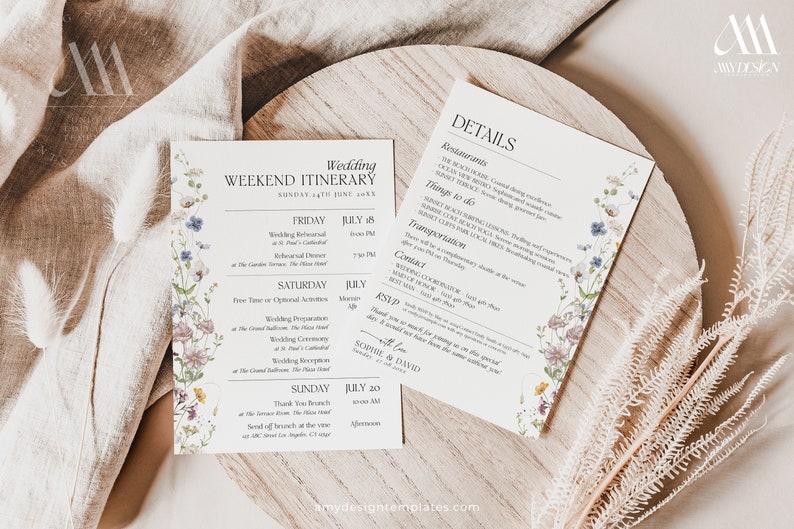 Wildflower Wedding Itinerary Template, Wedding Weekend Itinerary Template, Welcome Bag Template D002 image 1