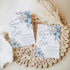 Cartões azuis para salvar a data, modelo boho para salvar a data editável, download para impressão boho azul para salvar a data D018