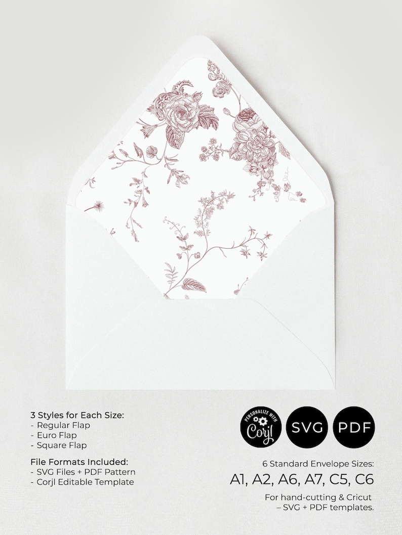 French Toile Envelope Liner Template, Pink Monogram Wedding Envelope Liner Template A1 A2 A6 A7 C5 C6, Digital File SVG, Instant Download