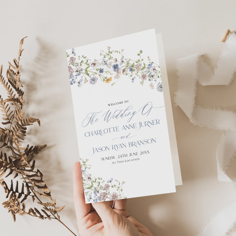 Floral Wedding Program Template Card 4x9, Booklet Wedding Programs, Catholic Wedding Program Template, Order of Service D006