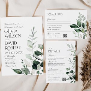 May include: A wedding invitation suite with a green and white floral design. The invitation features the names Olivia Wilson and David Robert, the date 08/10/20XX, and the word "Saturday". The RSVP card includes a QR code. The details card includes the text "The Details" and a list of details about the wedding.