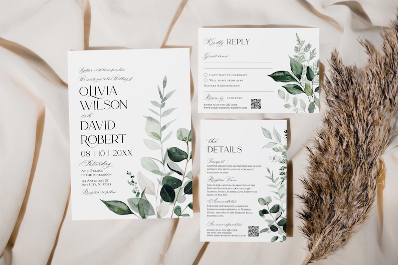 May include: A wedding invitation suite with a green and white floral design. The invitation features the names Olivia Wilson and David Robert, the date 08/10/20XX, and the word "Saturday". The RSVP card includes a QR code. The details card includes the text "The Details" and a list of details about the wedding.