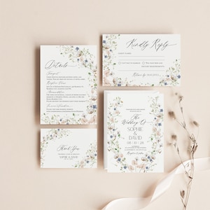 Modelo de convite de casamento com flores silvestres, conjunto de convites de casamento com flores silvestres botânicas, elegante cartão de reserva de data com flores silvestres para impressão D023