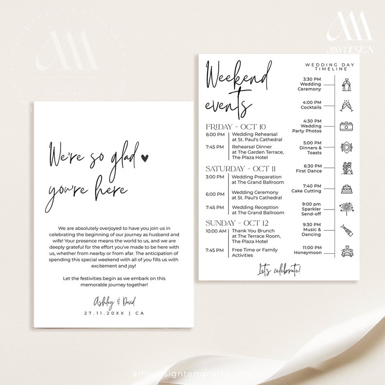 Minimalist Wedding Events Card Template, Weeding Itinerary Template, Wedding Welcome Bag Note, Schedule Events Timeline Editable image 6
