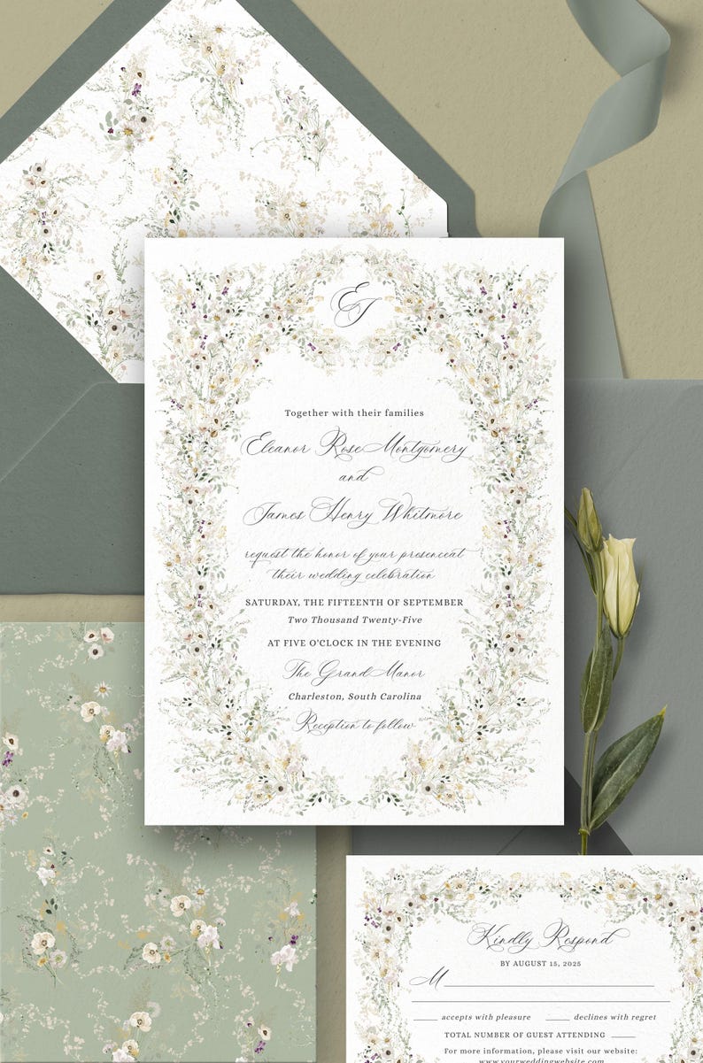 Wildflower Wedding Invitation Template, Elegant Wedding Invite Template Printable, Vintage Wedding Invitation Card, Wedding Suite D034