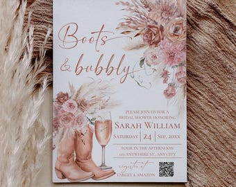 Boots and Bubbly Bridal Shower Invitation Template, Western Cowgirl Bridal Shower Invite QR Code, Boho Champagne Pink Floral Printable