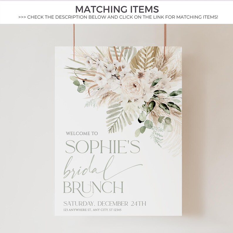 Może przedstawiać: Biały znak z kwiatowym wzorem w odcieniach zieleni i beżu. Tekst na znaku brzmi: "Witamy na brunch'u ślubnym Sophie, sobota, 24 grudnia, 123 Anywhere St. Any City, ST 12345".