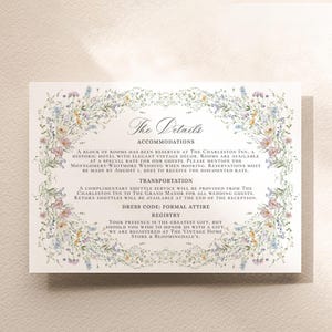 Enclosure Card Template, Wedding Invitation Insert Card, Printable Details Card Template, Vintage Wildflower Wedding, 3 Sizes Horizontal