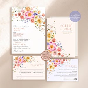 Floral Garden Wedding Invitation Template Editable, Bright Floral Wedding Invitation Set, Colorful Flowers Wedding Invite