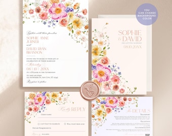 Floral Wedding Invitation Template: Bright Garden Design (Digital Download) E083