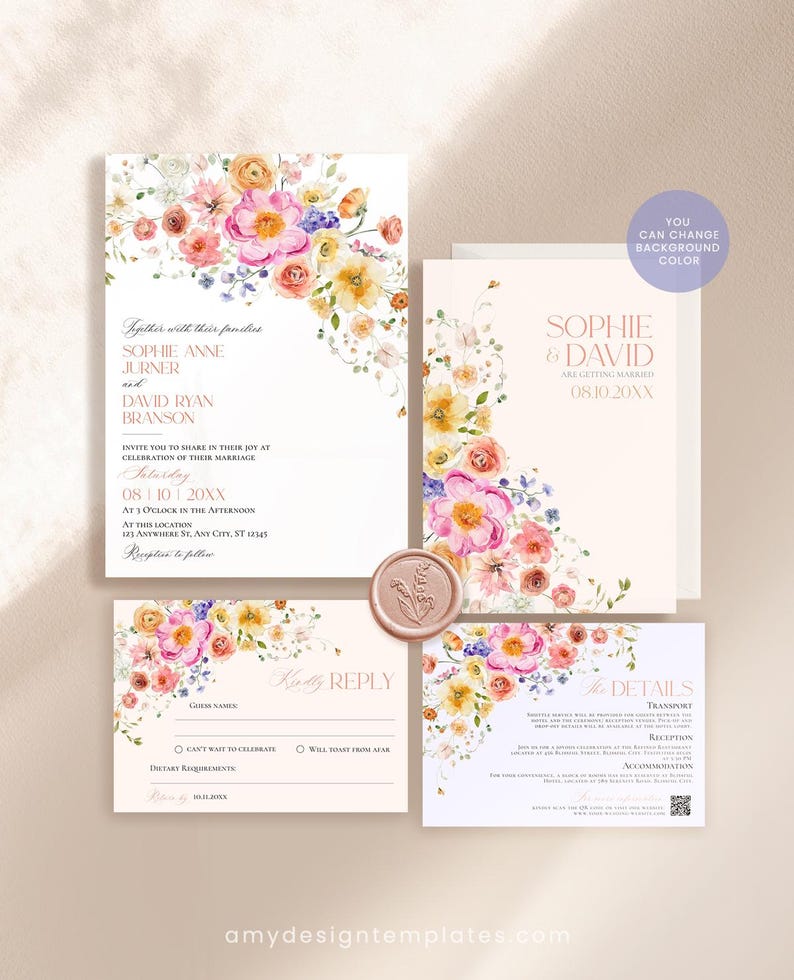 Floral Garden Wedding Invitation Template Editable, Bright Floral Wedding Invitation Set, Colorful Flowers Wedding Invite