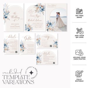 May include: A collection of wedding stationery templates featuring arched frames, floral arrangements in shades of blue and beige, and elegant script text. The set includes invitation cards, RSVP cards, and detail cards with customizable text and photo placeholders.