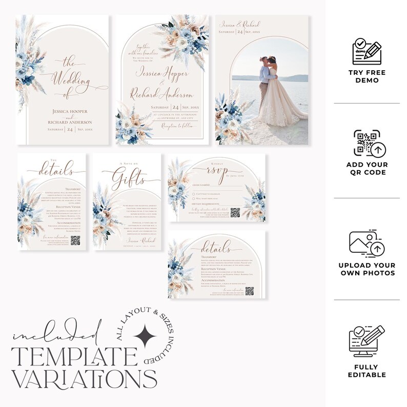 May include: A collection of wedding stationery templates featuring arched frames, floral arrangements in shades of blue and beige, and elegant script text. The set includes invitation cards, RSVP cards, and detail cards with customizable text and photo placeholders.
