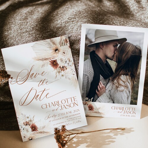 Boho-Hochzeits-Save-the-Date-Vorlage mit Foto im Pampasgras-Stil (Digitaler Download) D011