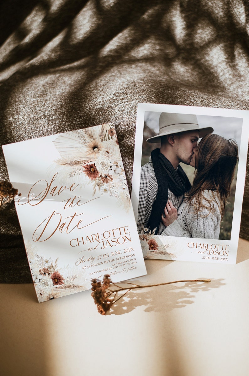 Boho Pampas Grass Wedding Save the Date Template with Photo (Digital Download) D011 image 1