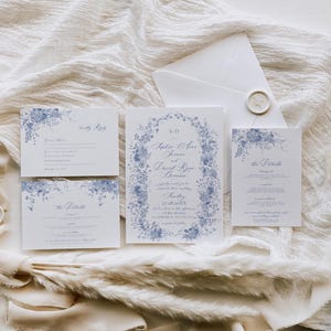Conjunto de convites de casamento com monograma, modelo de conjunto de convites de casamento minimalista, modelo de casamento Something Blue Line Art D015