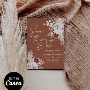 May include: A terracotta-colored "Save the Date" card with floral accents and elegant script. The card features the names Sarah Hooper and Thomas Anderson, along with the date, time, and location of the event. The words "Edit in Canva" are in a black circle.