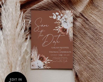 May include: A terracotta-coloured "Save the Date" card with floral accents and elegant script. The card features the names Sarah Hooper and Thomas Anderson, along with the date, time, and location of the event. The words "Edit in Canva" are in a black circle.