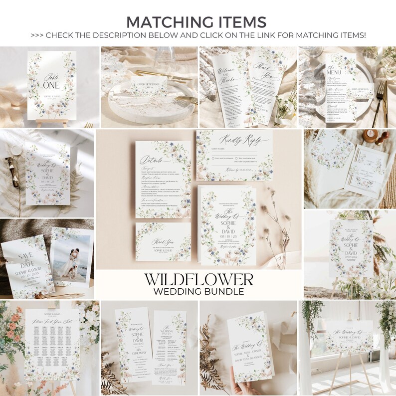 K&ouml;nnte beinhalten: Ein Set druckbarer Hochzeitspapeterie mit Wildblumen-Thema. Das Set beinhaltet eine Save-the-Date-Karte, eine Einladung, eine RSVP-Karte, eine Detailkarte, eine Dankeskarte, ein Men&uuml;, ein Willkommens-Schild, eine Tischnummer und einen Sitzplan. Das Design zeigt einen Aquarell-Blumenkranz mit blauen und rosa Bl&uuml;ten.