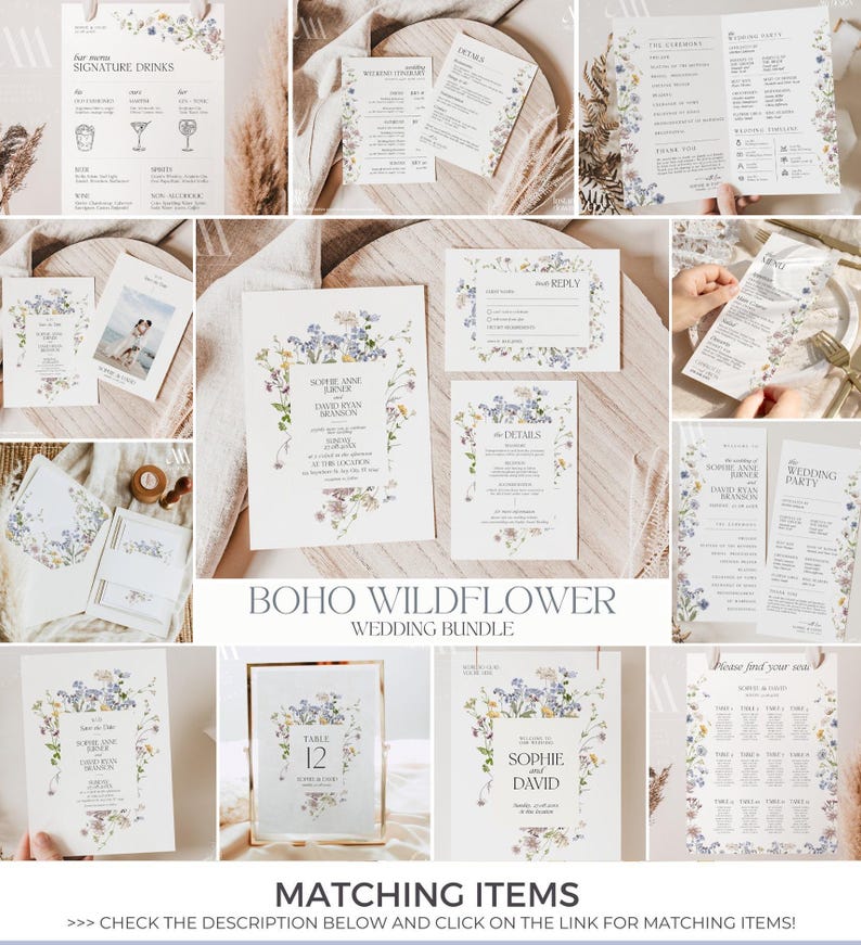 Vorlage für ein Hochzeitsmenü mit Wildblumenmuster: Botanisches Blumendesign (Druckbare, bearbeitbare Vorlage) D002 Bild 6
