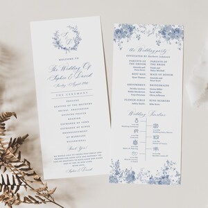 May include: A wedding ceremony program with a blue floral design. The program includes the wedding party, ceremony details, and a wedding timeline. The text on the program reads "The Wedding of Sophie & David".
