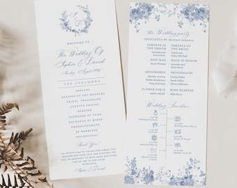 Puede incluir: Un programa de ceremonia de boda con un diseño floral azul. El programa incluye la fiesta de bodas, los detalles de la ceremonia y una línea de tiempo de la boda. El texto en el programa dice "The Wedding of Sophie & David".