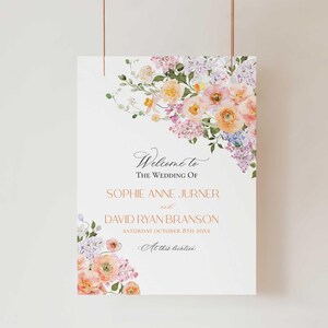 Spring Floral Wedding Sign Template Printable, Peach Purple Wedding Welcome Signs Template, Signage Large Sign Poster E023