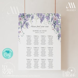 Purple Wisteria Wedding Seating Chart Template Printable, Seating Charts Sign, Find Your Seat Sign, Floral Wedding Seating Plan D014