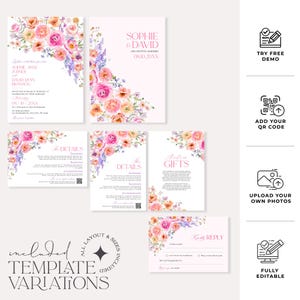 May include: A wedding stationery template set featuring watercolor floral arrangements in shades of pink, orange, and purple. The set includes invitation cards, detail cards, a gift note, and a reply card, all with customizable text fields and elegant typography.