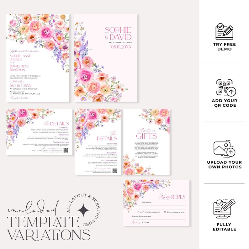 May include: A wedding stationery template set featuring watercolor floral arrangements in shades of pink, orange, and purple. The set includes invitation cards, detail cards, a gift note, and a reply card, all with customizable text fields and elegant typography.