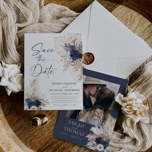 Boho Navy Blue Wedding Save the Date Cards, Navy Bohemian Wedding Save the Date Template with Photo E108