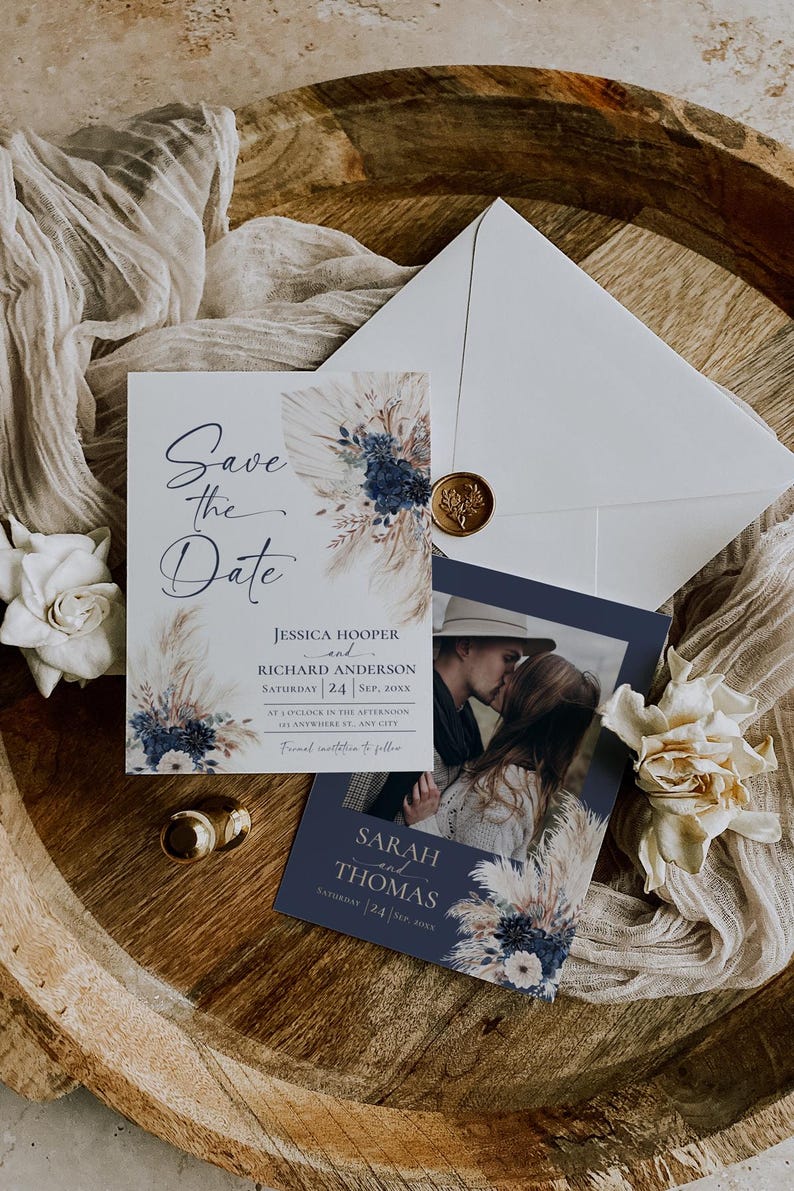 Boho Navy Blue Wedding Save the Date Cards, Navy Bohemian Wedding Save the Date Template with Photo E108