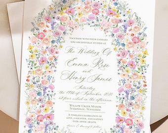 Watercolor Floral Wedding Invitation Template, Romantic Garden Floral Arch Wedding Invite, Pastel Wildflower Bridal Invitation, Pink Blush