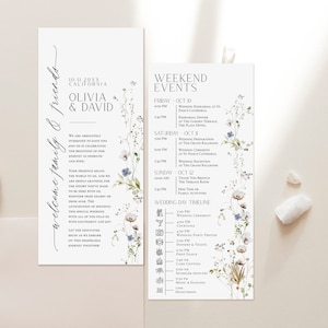 Sjabloon minimalistische bruiloft reisplan, weekend reisplan bewerkbaar, Wildflower bruiloft tijdlijn schema sjabloon afdrukbare sjabloon D028