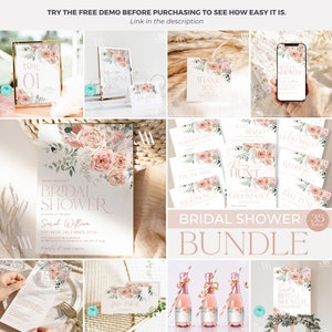 Dusty Pink Roses Bridal Shower Bundle Template, Pink Boho Bridal Shower Invite Template, Floral Garden Bridal Shower Sign Printable B008