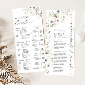 Plantilla de itinerario de boda de flores silvestres de 4 x 9, itinerario de fin de semana de boda editable, bolsa de bienvenida, nota, cronograma, plantilla minimalista
