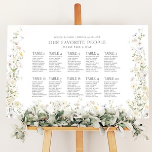 Crème botanische bruiloft zitplaatsen grafiek teken sjabloon, tafel stoelen grafiek teken, bruiloft zitplaatsen grafiek, Wildflower zitplaatsen grafiek teken E110