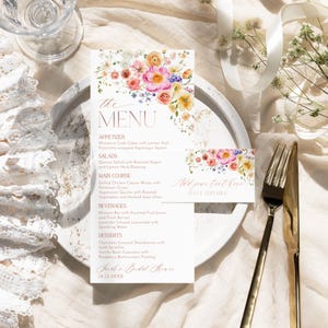 Heldere kleurrijke bruids douche brunch menusjabloon, bloemen bruids douche menu plaatskaartsjabloon, heldere bloemen plaatskaart bewerkbare A034