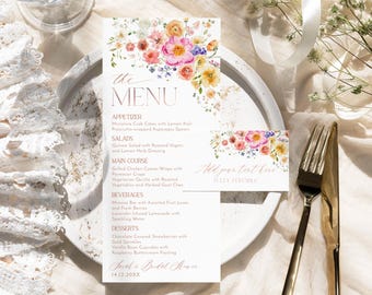 Floral Bridal Shower Menu Template: Colorful Brunch Place Card (Digital Download) A034