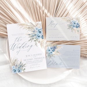 Blaue Hochzeitseinladungs-Vorlage, staubblaue Blumenhochzeits-Einladungssatz-Vorlage, Boho Pampas-Hochzeit lädt ein bearbeitbarer Download E011