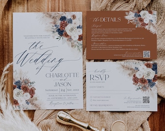 May include: A wedding invitation suite featuring a main card, a details card with a rust background, and an RSVP card. All cards display floral arrangements of white, blue, and rust-colored flowers, pampas grass, and a gold wax seal stamp.