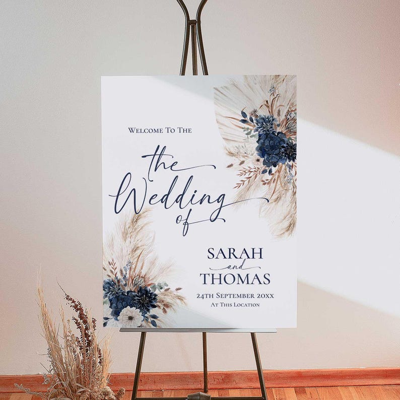 Navy Blue Wedding Welcome Sign Template, Boho Wedding Sign Template, Pampas Signage Printable E108