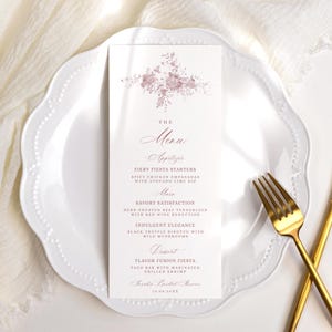 Rosa Blumen Duschmenü Vorlage, Minimalistische Brautdusche Brunch Menüvorlage, Hochzeitsmenükarten druckbar, Dessertmenükarten Vorlage B061