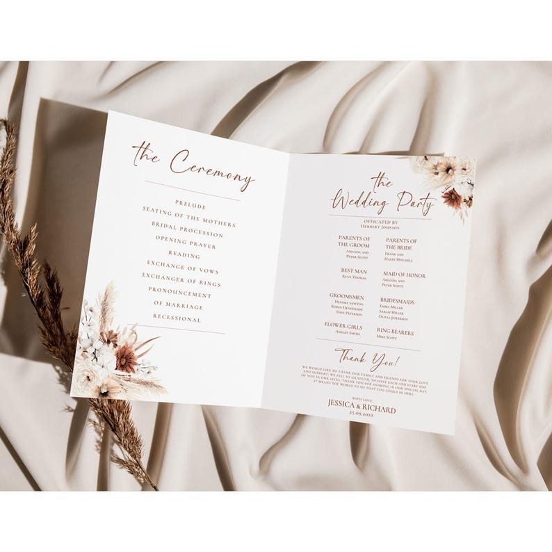 May include: A wedding ceremony program with a floral design featuring dried grasses and flowers in shades of beige, brown, and white. The program lists the order of the ceremony and the wedding party.