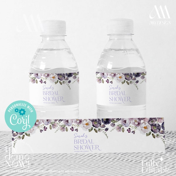Sac de bienvenue modifiable d'étiquette de bouteille d'eau florale de pavot, modèle modifiable d'étiquette de bouteille d'eau violette, décor de douche nuptiale de pavot B002