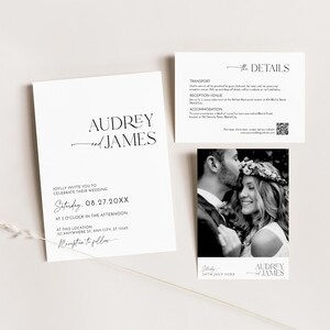 May include: A set of elegant wedding stationery featuring a main invitation card with the names "Audrey and James", a details card, and a photo card. The invitation includes the wedding date and time.